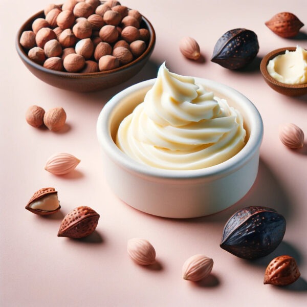 Shea nuts and Shea Butter on a Pink Background